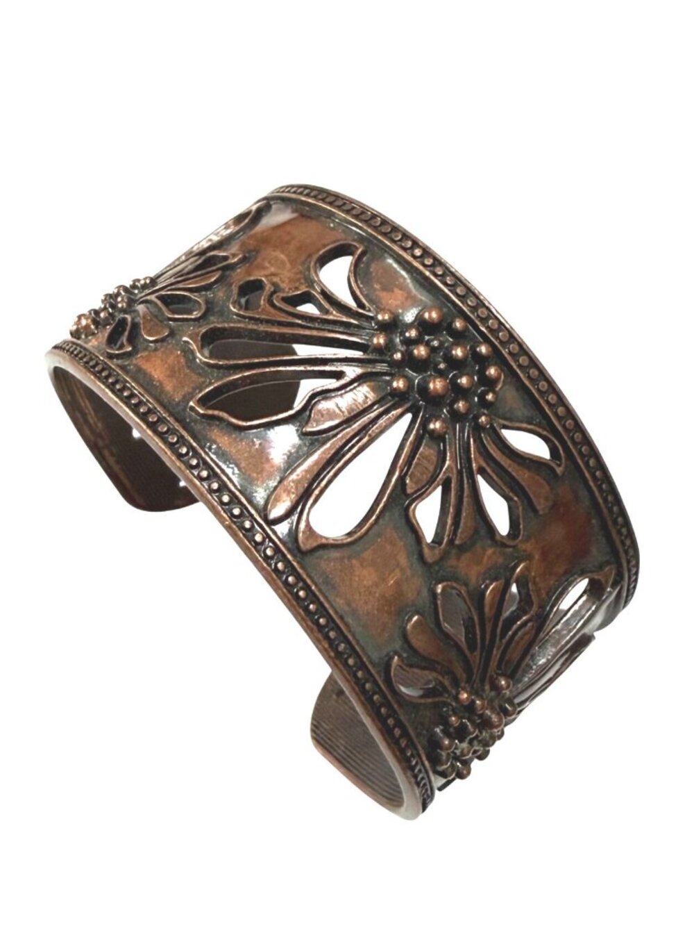 Bangle Cuff Bracelet Floral Cutout Rustic Copper Tone 2 inches diameter